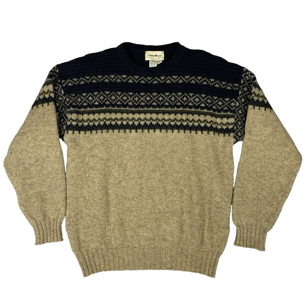 Vintage Eddie Bauer Mens M Wool Sweater Fair Isle Nordic Tan/Navy USA Crewneck - Picture 1 of 8
